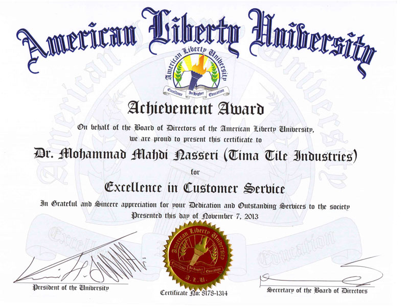گواهینامه تعالی خدمات مشتری از سوی دانشگاه ALU در امریکا در سال 1392